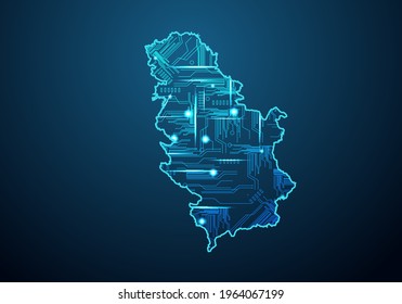 Abstract futuristic map of Serbia. Circuit Board Design Electric of the region. Technology background. mash line and point scales on dark with map.