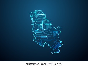 Abstract futuristic map of serbia No Kosovo. Circuit Board Design Electric of the region. Technology background. mash line and point scales on dark with map.