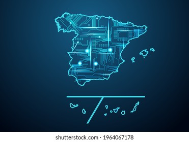 Abstract futuristic map of spain Provinces. Circuit Board Design Electric of the region. Technology background. mash line and point scales on dark with map.