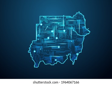 Abstract futuristic map of sudan. Circuit Board Design Electric of the region. Technology background. mash line and point scales on dark with map.
