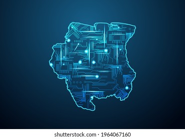 Abstract futuristic map of suriname. Circuit Board Design Electric of the region. Technology background. mash line and point scales on dark with map.
