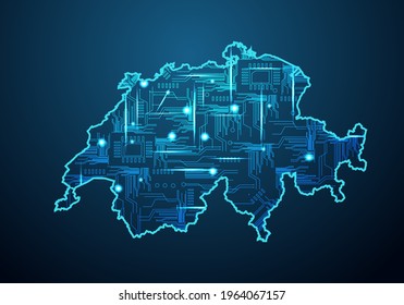 Abstract futuristic map of switzerland. Circuit Board Design Electric of the region. Technology background. mash line and point scales on dark with map.