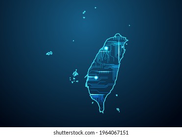 Abstract futuristic map of taiwan. Circuit Board Design Electric of the region. Technology background. mash line and point scales on dark with map.