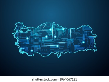 Abstract futuristic map of turkey. Circuit Board Design Electric of the region. Technology background. mash line and point scales on dark with map.