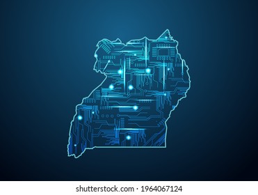 Abstract futuristic map of uganda. Circuit Board Design Electric of the region. Technology background. mash line and point scales on dark with map.