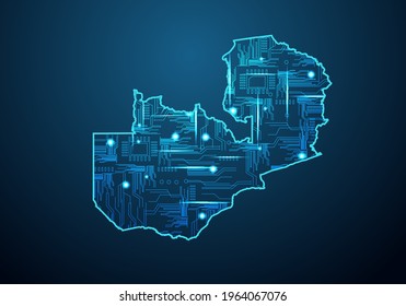 Abstract futuristic map of zambia. Circuit Board Design Electric of the region. Technology background. mash line and point scales on dark with map.