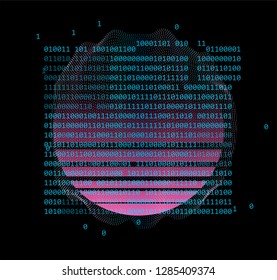 Abstract futuristic matrix landscape with glowing sun and defaced binary code. Cyberpunk aesthetics.