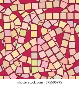 Abstract futuristic maze seamless pattern template for children's games, Pink yellow orange brown squares on red background. Vector