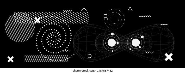 Abstract Futuristic Minimal Vector Background with Spheres and Particles. Blackboard with Drawings of  Astronomical Bodies and Celestial Objects.