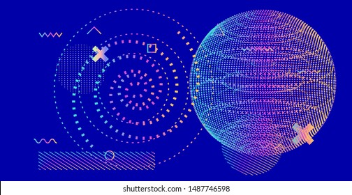 Abstract Futuristic Minimal Vector Background with Spheres and Particles. Blackboard with Drawings of  Astronomical Bodies and Celestial Objects.