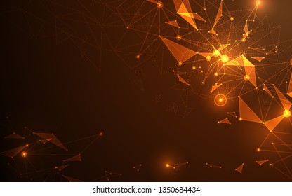 Abstract futuristic molecule line and polygon flame and gold color background. Computer network connection vector illustration digital technology concept.