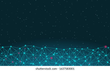 Abstract futuristic molecules technology made with dots and lines on blue background. In the background are large constellations of shining stars. Vector design digital technology concept