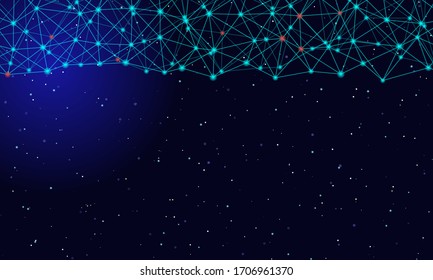 Tecnología abstracta de moléculas futuristas hecha con puntos y líneas sobre fondo azul. En el fondo hay grandes constelaciones de estrellas brillantes. Concepto de tecnología digital de diseño de vectores