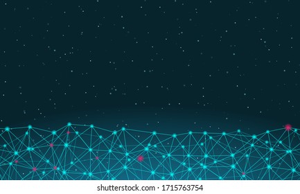 Tecnología abstracta de moléculas futuristas hecha con puntos y líneas sobre fondo azul. En el fondo hay grandes constelaciones de estrellas brillantes. Concepto de tecnología digital de diseño de vectores