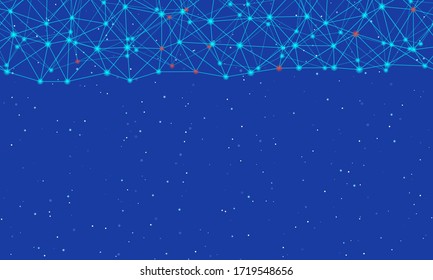 Abstract futuristic molecules technology made with dots and lines on blue background. In the background are large constellations of shining stars. Vector design digital technology concept