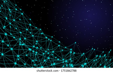 Abstract futuristic molecules technology made with dots and lines on dark blue background. In the background are large constellations of shining stars. Vector design digital technology concept
