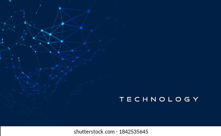 Abstract futuristic molecules technology with polygonal shapes on dark blue background. Network technology background with dots and lines for backdrop and ai design. Vector illustration. 