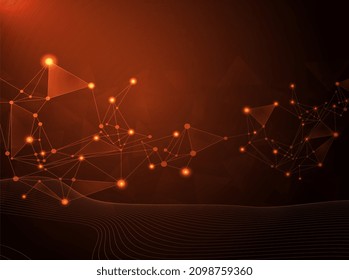 Resumen futurista - Tecnología de moléculas con formas poligonales sobre fondo naranja oscuro. 