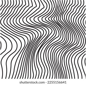 Abstract futuristic monochrome waves background, curved wavy lines seamless pattern, Optical wave movement, black and white stripes, Vector pattern in geometric style, opart illusion design.  