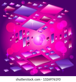 Abstract futuristic neon background with flying objects in space. Glowing confetti on ultraviolet background. Vector illustration, vaporwave style.