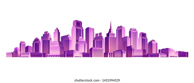 abstract futuristic neon city at night, Modern buildings of panoramic view, with purple paper cut spot in depth, vector horizontal illustration