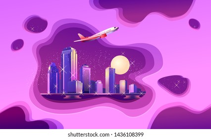 abstract futuristic neon city at night, Modern buildings of panoramic view, with purple paper cut spot in depth, vector horizontal illustration