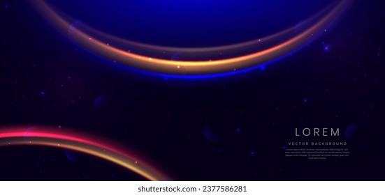 Abstract futuristic neon curved glowing blue, gold and red light lines with sparkle effect on dark blue background. Vector illustration