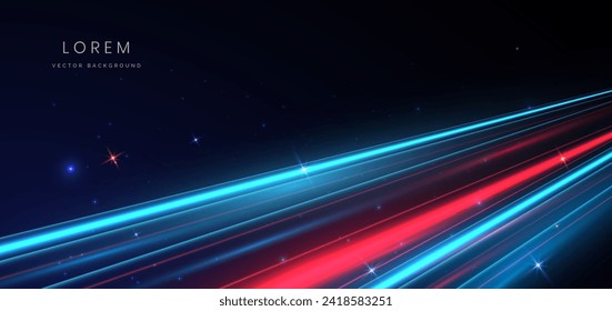 Abstract futuristic neon geometric glowing blue and red diagonal light lines with speed motion blur effect on dark blue background. Vector illustration