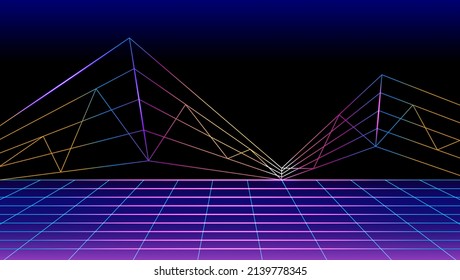 Abstract futuristic neon glow architecture black background, retro cyberpunk style, neon light space background, Banner sci-fi blue-purple pink-red. Technology neon background web. vector illustration
