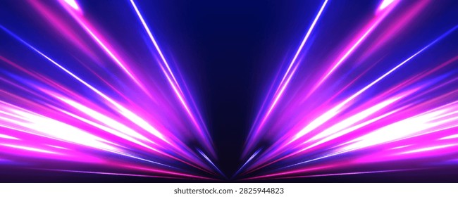 Abstract futuristic neon light beams in purple and pink colors on dark background on transparent background