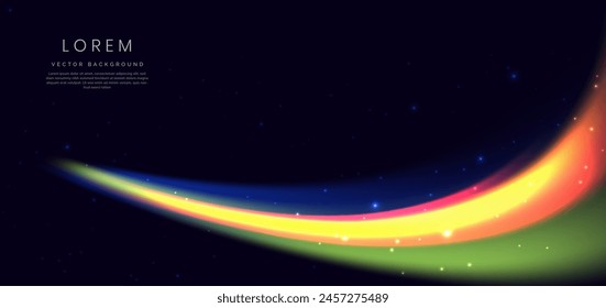 Abstract futuristic neon light curved red, blue, yellow on dark blue background. You can use for ad, poster, template, business presentation. Vector illustration