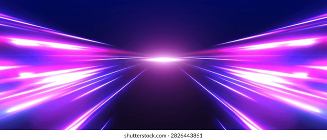 Abstract futuristic neon light speed background with glowing purple and pink rays converging to bright center on transparent background