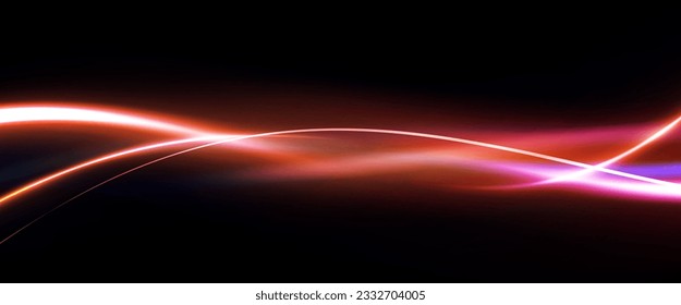 Abstract Futuristic neon light trails with motion blur effect, speed background. Beautiful light. Magic sparks. Mystical shine streaks. Magic of moving fast motion, horizontal light rays. Vector EPS10