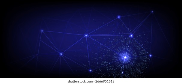 Abstractas fondo de red futurista con conexiones azules brillantes, flujo de datos digitales y líneas de tecnología en un fondo de espacio oscuro.