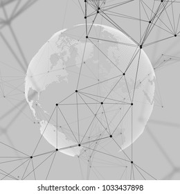 Abstract futuristic network shapes. High tech background, connecting lines and dots, polygonal linear texture. World globe on gray. Global network connections, geometric design, dig data concept.
