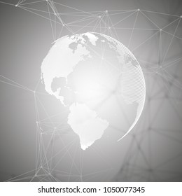 Abstract futuristic network shapes. High tech background, connecting lines and dots, polygonal linear texture. World globe on gray. Global network connections, geometric design, dig data concept.