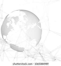 Abstract futuristic network shapes. High tech background, connecting lines and dots, polygonal linear texture. World map on white. Global network connections, geometric design, dig data concept.