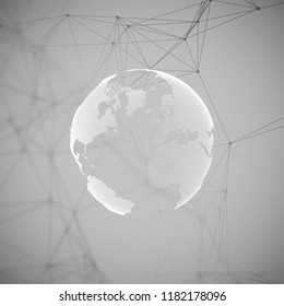Abstract futuristic network shapes. High tech background, connecting lines and dots, polygonal linear texture. World globe on gray. Global network connections, geometric design, dig data concept.