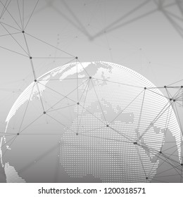 Abstract futuristic network shapes. High tech background, connecting lines and dots, polygonal linear texture. World globe on gray. Global network connections, geometric design, dig data concept.