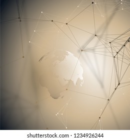 Abstract futuristic network shapes. High tech background, connecting lines and dots, polygonal linear texture. World globe. Global network connections, geometric design, dig data concept.