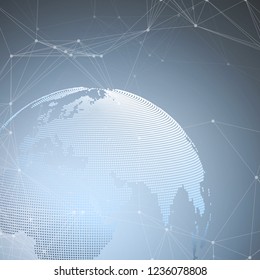 Abstract futuristic network shapes. High tech background, connecting lines and dots, polygonal linear texture. World globe on blue. Global network connections, geometric design, dig data concept.