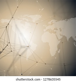 Abstract futuristic network shapes. High tech background, connecting lines and dots, polygonal linear texture. World map. Global network connections, geometric design, dig data concept.
