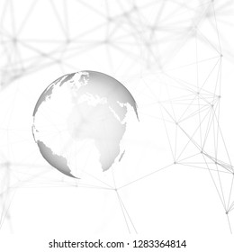 Abstract futuristic network shapes. High tech background, connecting lines and dots, polygonal linear texture. World globe on white. Global network connections, geometric design, dig data concept.