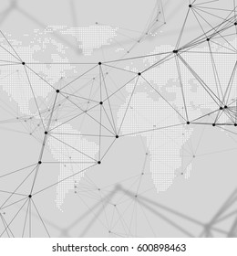 Abstract futuristic network shapes. High tech background, connecting lines and dots, polygonal linear texture. World map on gray. Global network connections, geometric design, dig data concept.