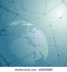 Abstract futuristic network shapes. High tech background, connecting lines and dots, polygonal linear texture. World globe on blue. Global network connections, geometric design, dig data concept.