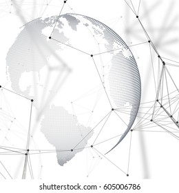 Formas abstractas de redes futuristas. Fondo de alta tecnología, líneas de conexión y puntos, textura lineal poligonal. Mundo globo sobre blanco. Conexiones de red globales, diseño geométrico, concepto de datos de excavación.