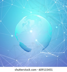 Abstract futuristic network shapes. High tech HUD background, connecting lines and dots, polygonal linear texture. World globe on blue. Global network connections, geometric design, dig data concept