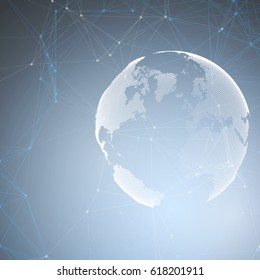 Abstract futuristic network shapes. High tech HUD background, connecting lines and dots, polygonal linear texture. World globe on blue. Global network connections, geometric design, dig data concept
