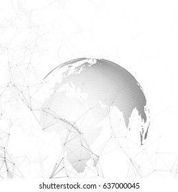 Abstract futuristic network shapes. High tech background, connecting lines and dots, polygonal linear texture. World globe on white. Global network connections, geometric design, dig data concept.