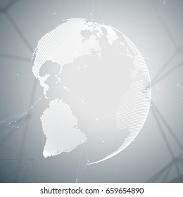 Abstract futuristic network shapes. High tech background, connecting lines and dots, polygonal linear texture. World globe on gray. Global network connections, geometric design, dig data concept.